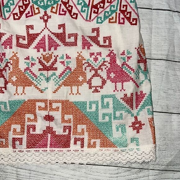 Free People Embroidered Sleeveless Aztec Shift Dress Bird Tribal Linen Blend 0 - Picture 5 of 8